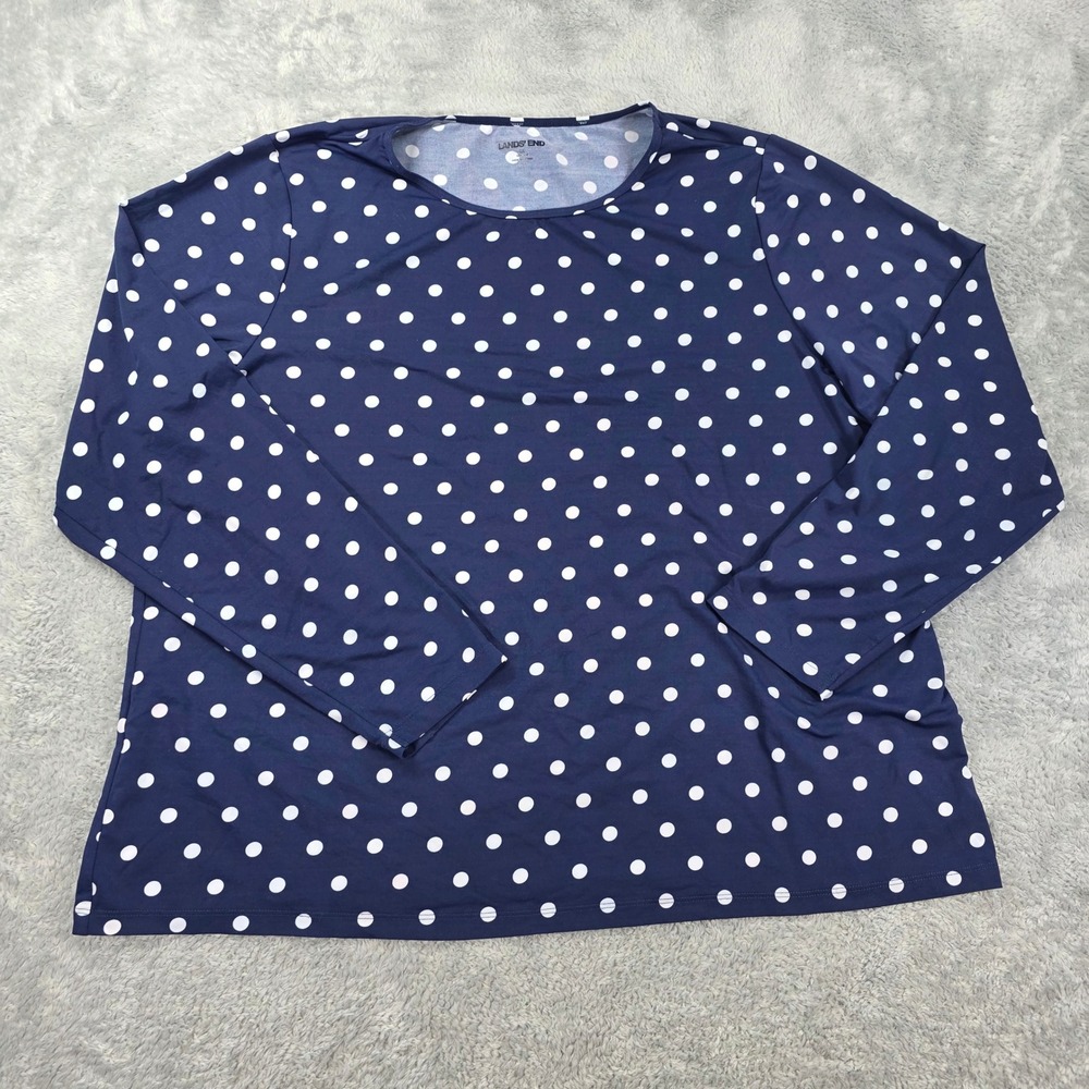 Lands End Polka Dot Long Sleeve Sun Shirt UPF 50 Navy Blue 1X Women Mod Nautical